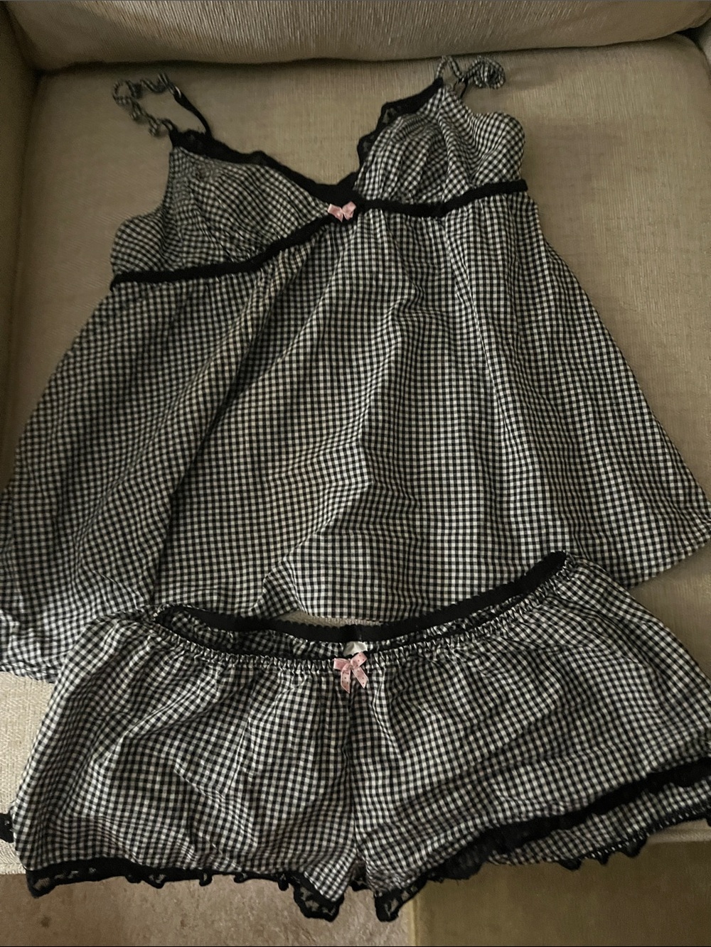 Victoria's Secret Black & White Gingham Lace-Trim Pajama Set with Pink Bows